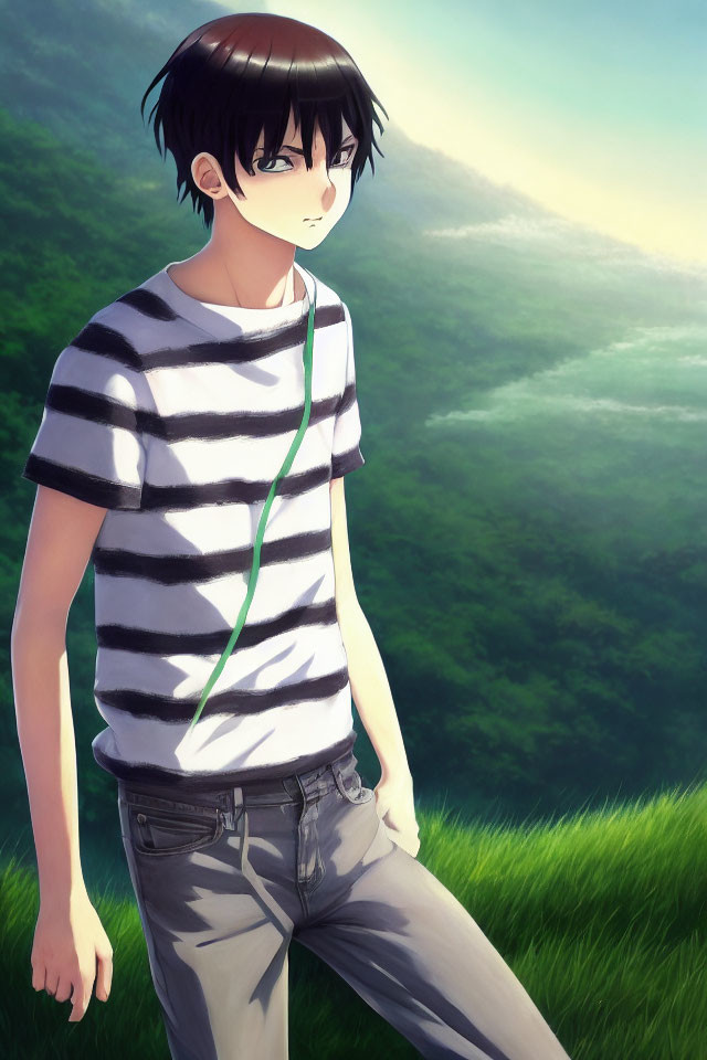 Young person in striped t-shirt and jeans in anime-style drawing