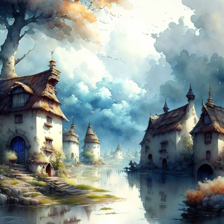 Tranquil fantasy village with thatched cottages by serene river