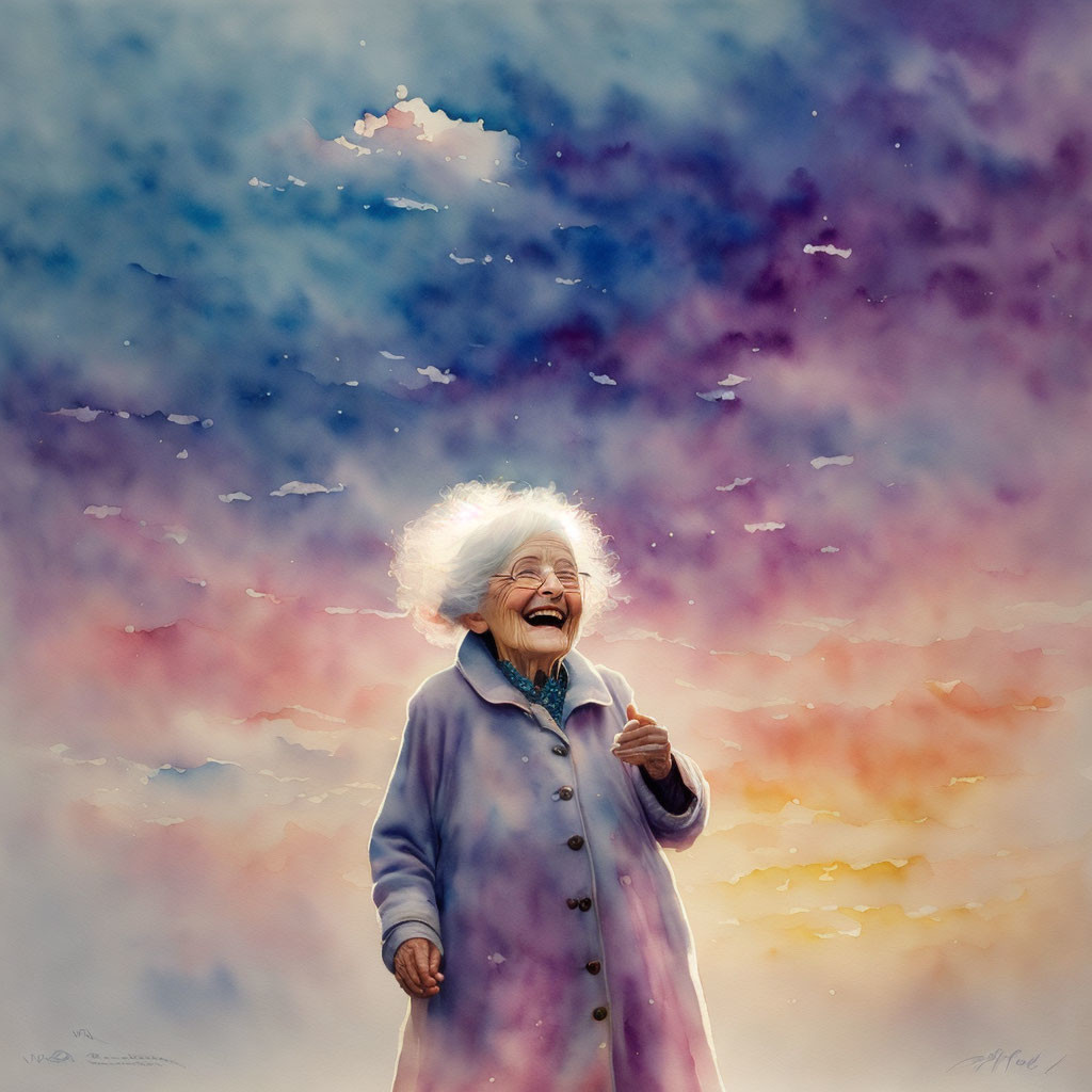 Elderly woman in blue coat gazes at colorful sky