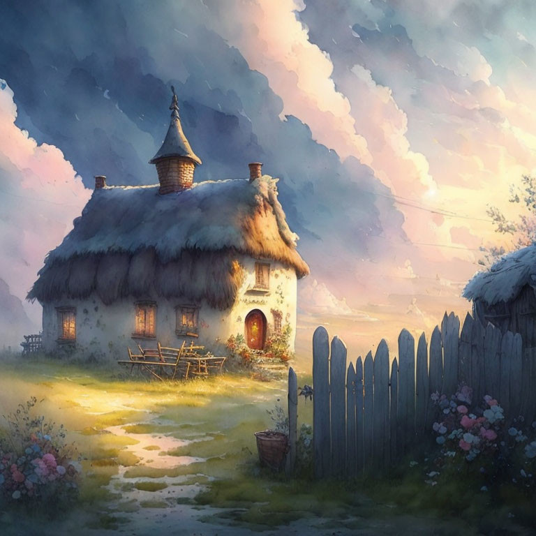 Thatched roof cottage with warm light, wooden fence, and twilight sky.