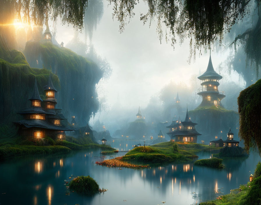 Tranquil fantasy landscape with traditional buildings, lush hills, and golden sunlight