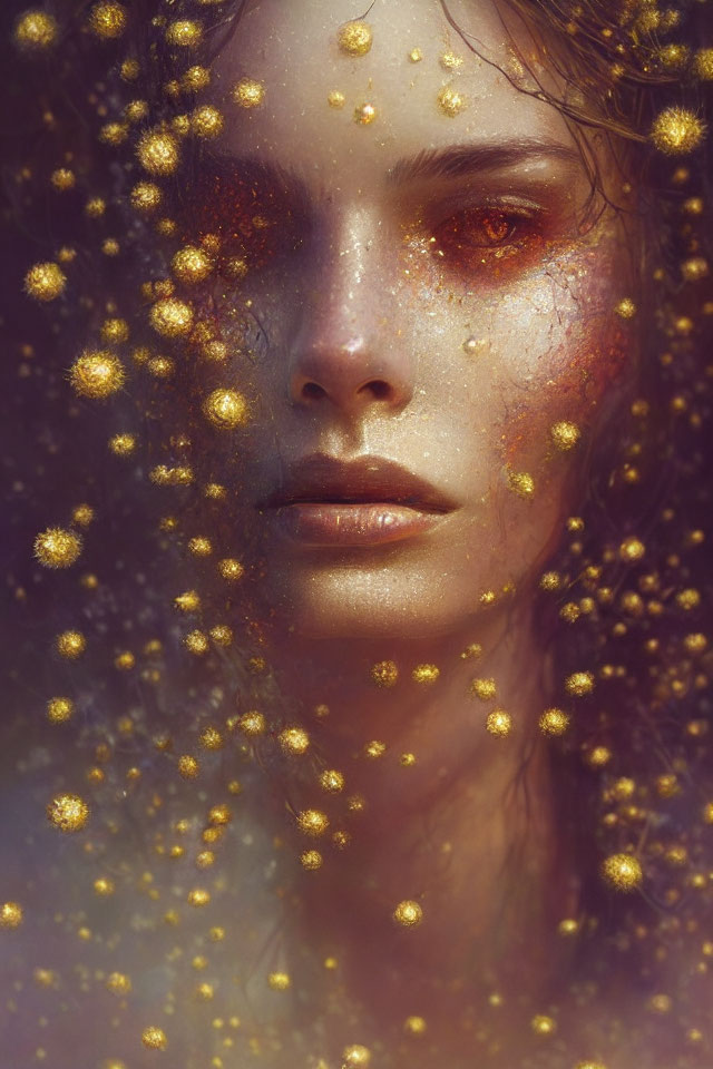 Woman with Striking Features Surrounded by Golden Orbs and Light Flecks