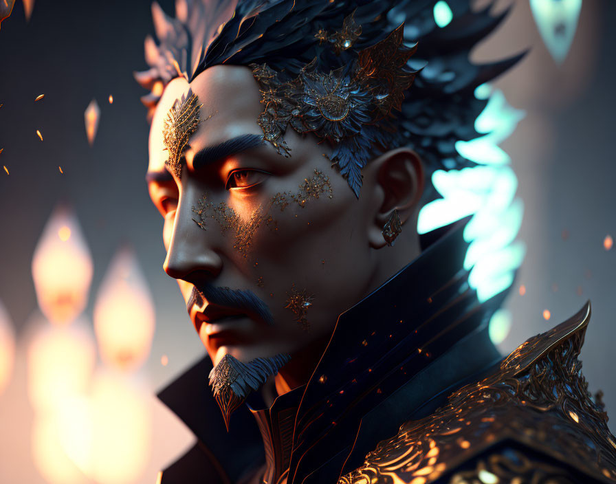 Digital artwork featuring man with glowing blue accents and golden filigree details