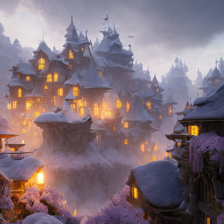 Illuminated fantasy village with multi-tiered buildings and purple trees in fog