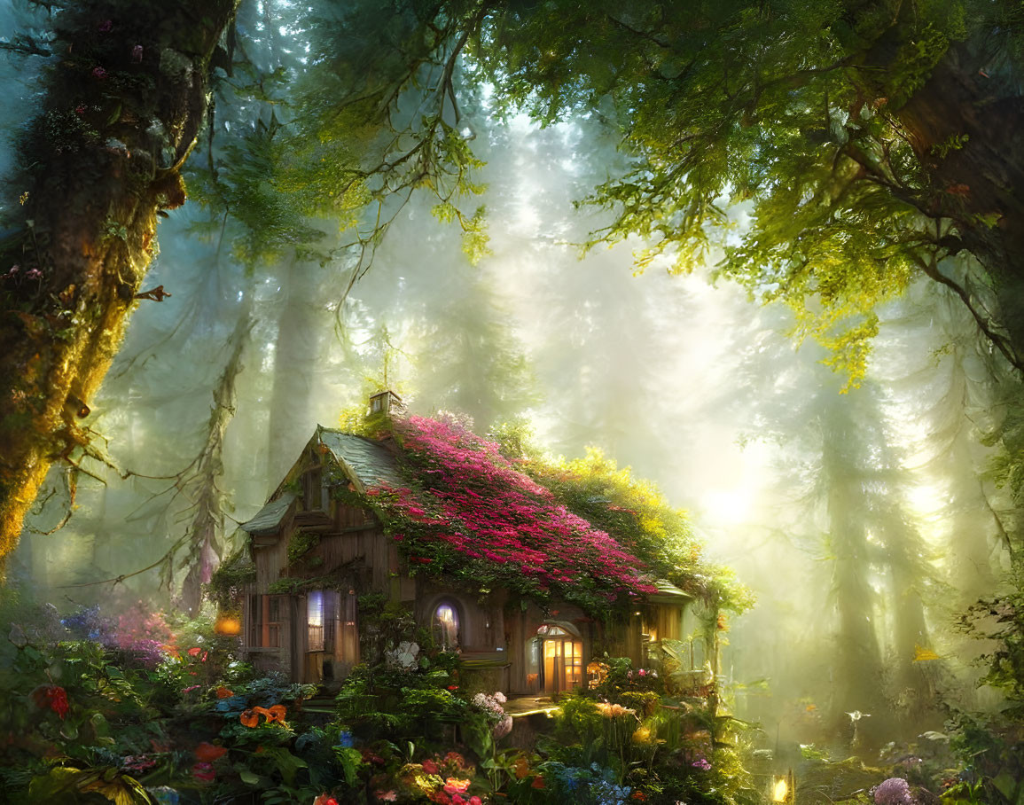 Quaint cottage surrounded by pink flowers in misty forest