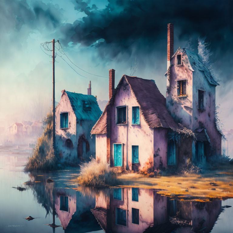 Abandoned pink houses near still water under moody sky