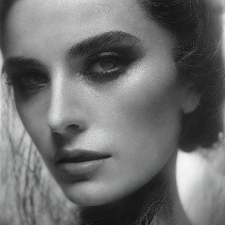 Detailed monochrome portrait of a woman with intense gaze and striking makeup