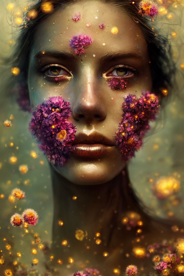 Portrait of a person with serene expression and vibrant purple flowers.