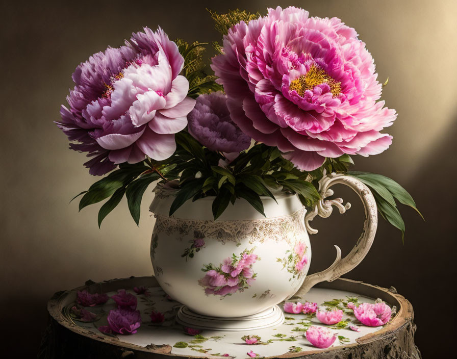 Vintage Floral Teapot with Pink and Purple Peonies on Ornate Table