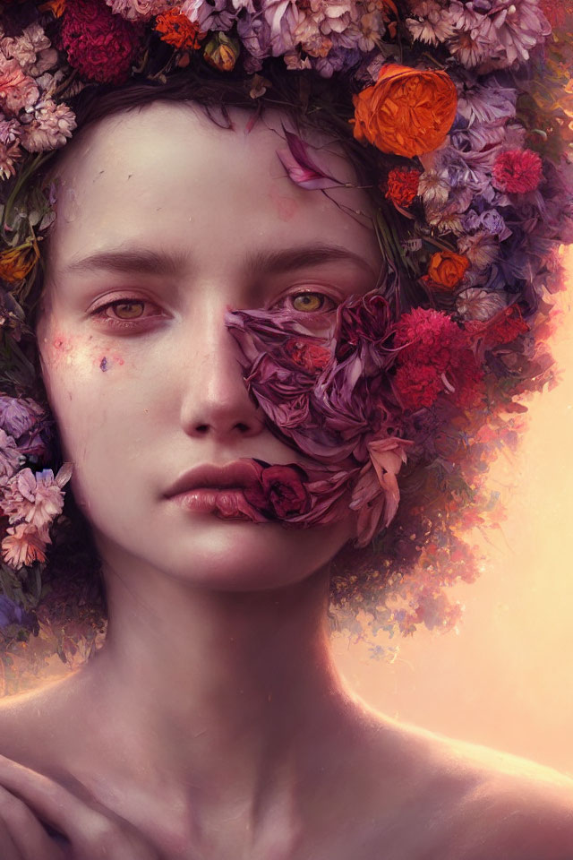 Surreal portrait: Person with floral wreath, vibrant blossoms, soft warm-hued backdrop