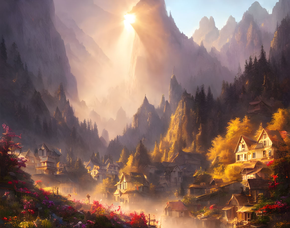 Tranquil mountain village at sunrise with cozy houses and lush flora