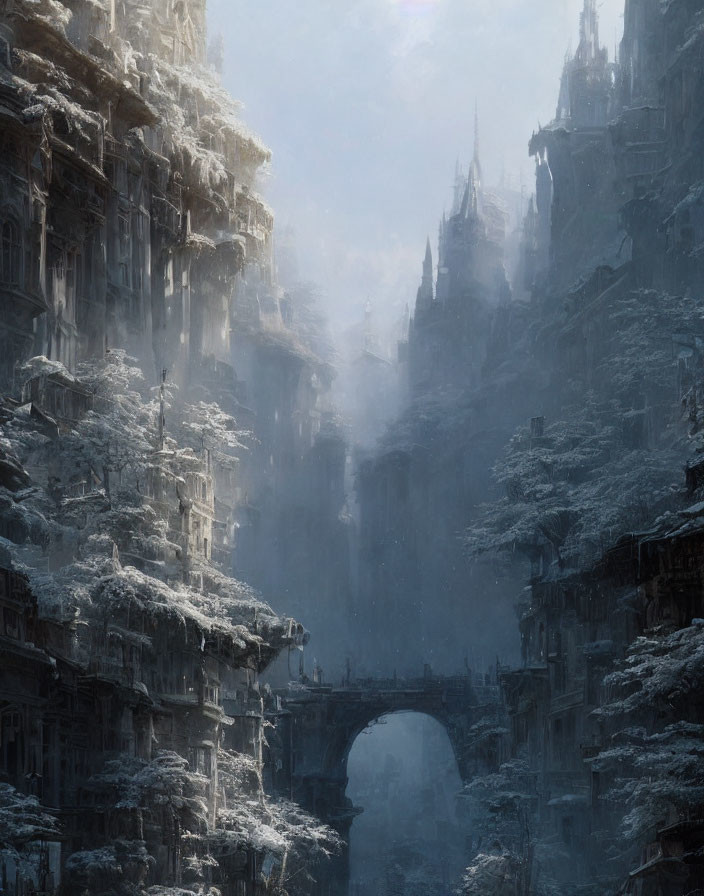 Snow-covered gothic city with towering spires and ancient bridges