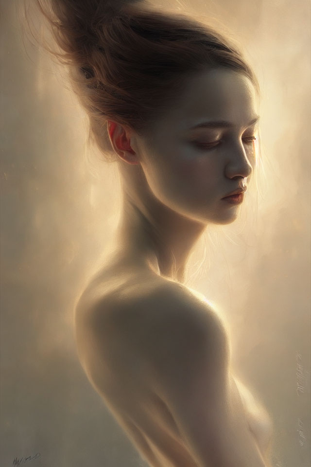 Portrait of young woman with hair swept up against glowing backdrop
