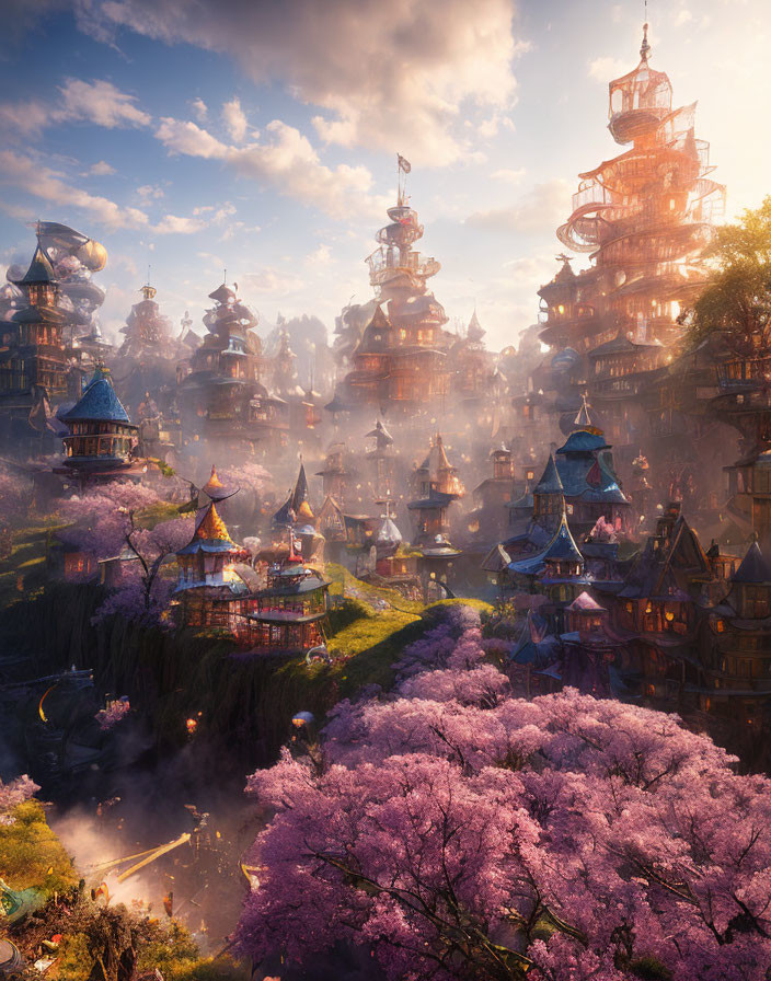 Fantastical village with pagoda-style structures and cherry blossoms.