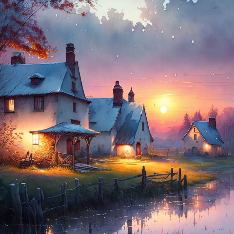 Tranquil sunset scene of a cozy cottage by a river in autumn