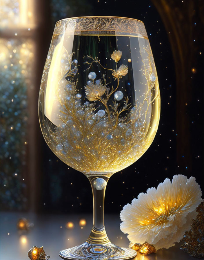 Golden liquid in ornate glass with floral patterns on festive backdrop