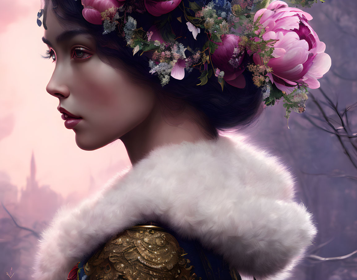 Woman in Floral Crown and Fur Stole on Soft Purple Background