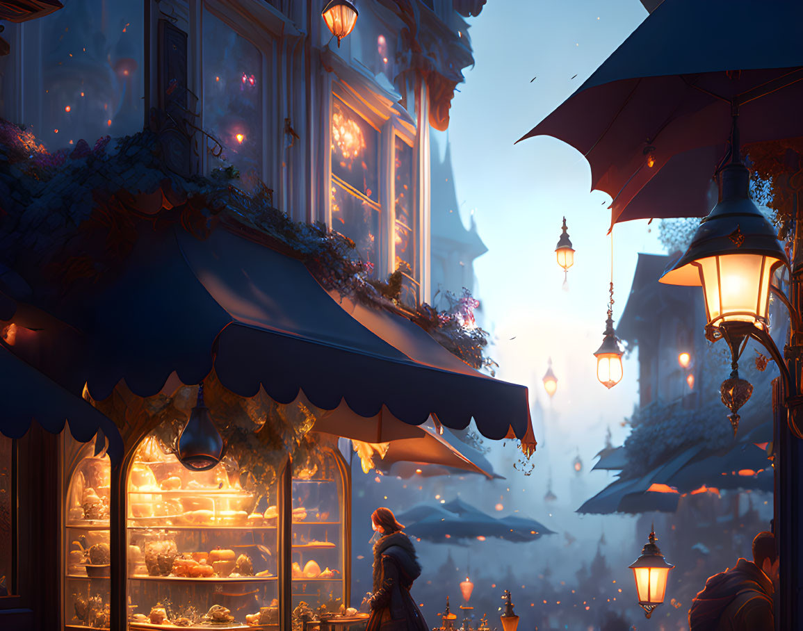 Cozy bakery at night with warm lighting and misty street scene