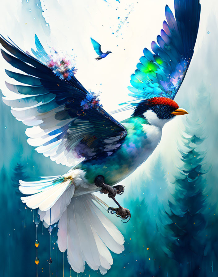 Colorful bird in flight against misty forest background