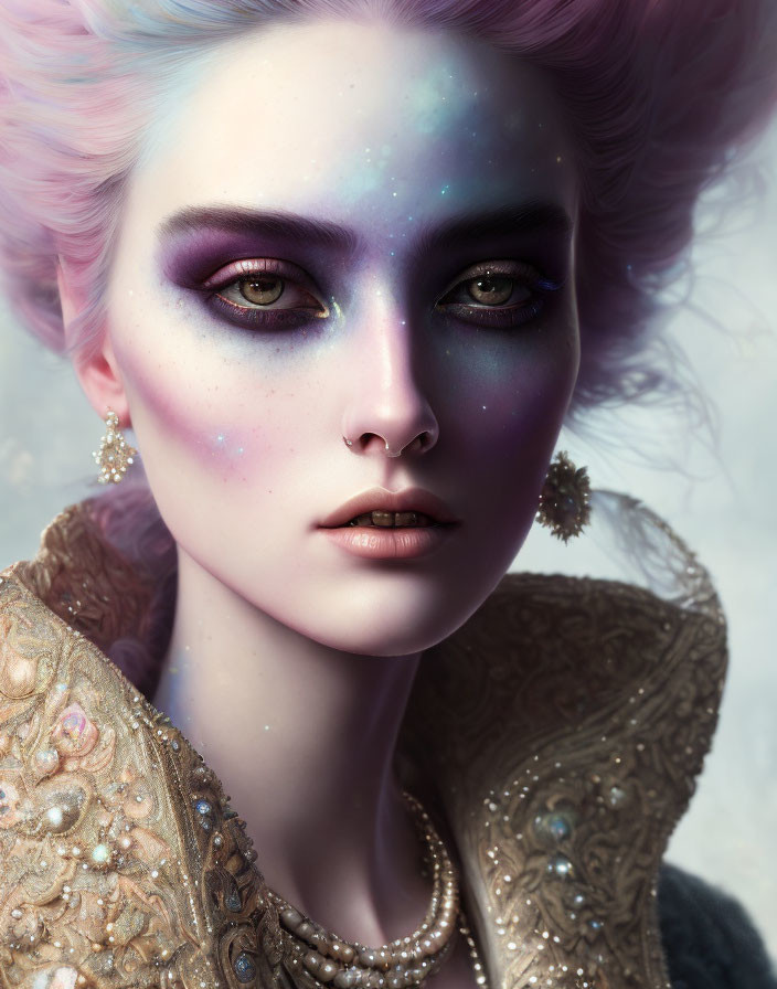 Ethereal woman portrait with galaxy makeup, pastel hair, and ornate gold attire