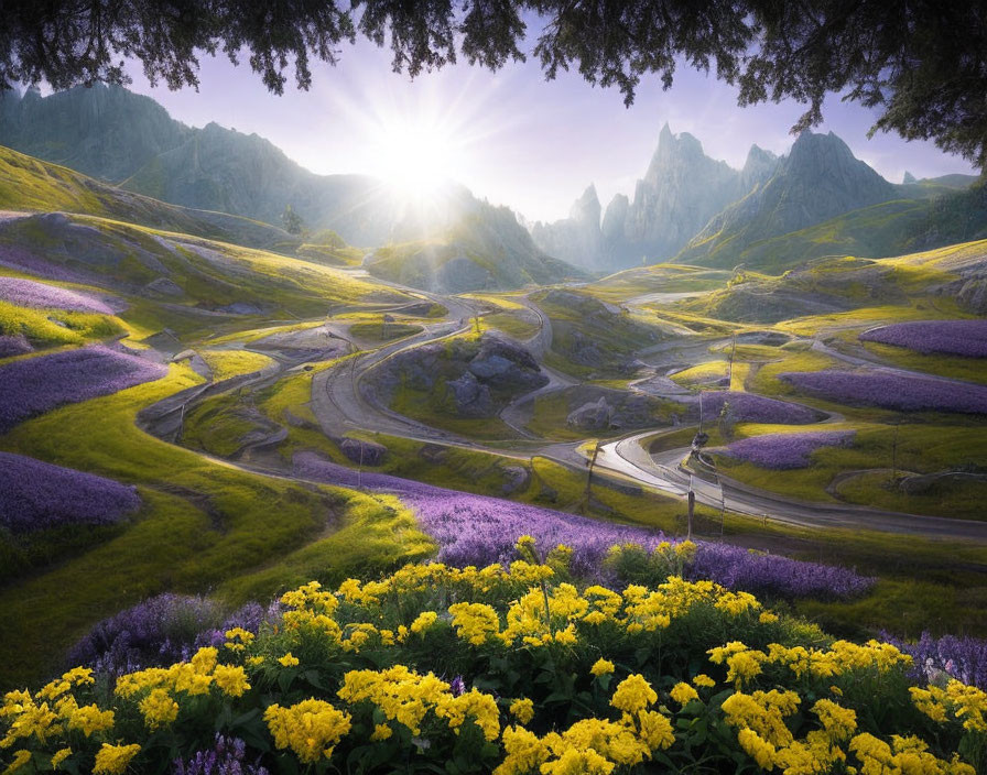 Scenic mountain landscape with winding road and purple flower fields
