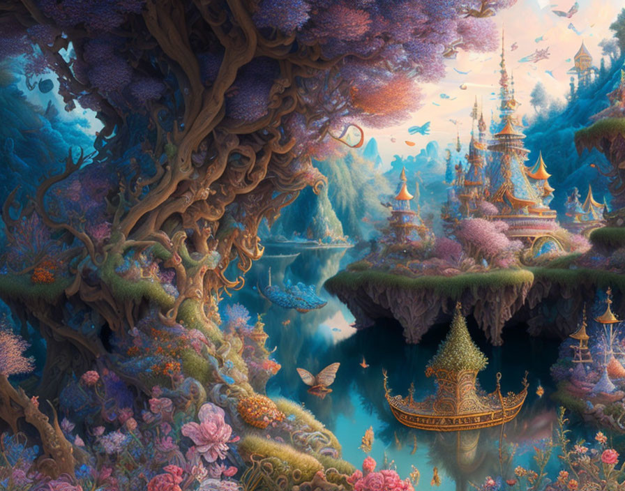 Vibrant, colorful fantasy landscape with floating islands and mythical structures