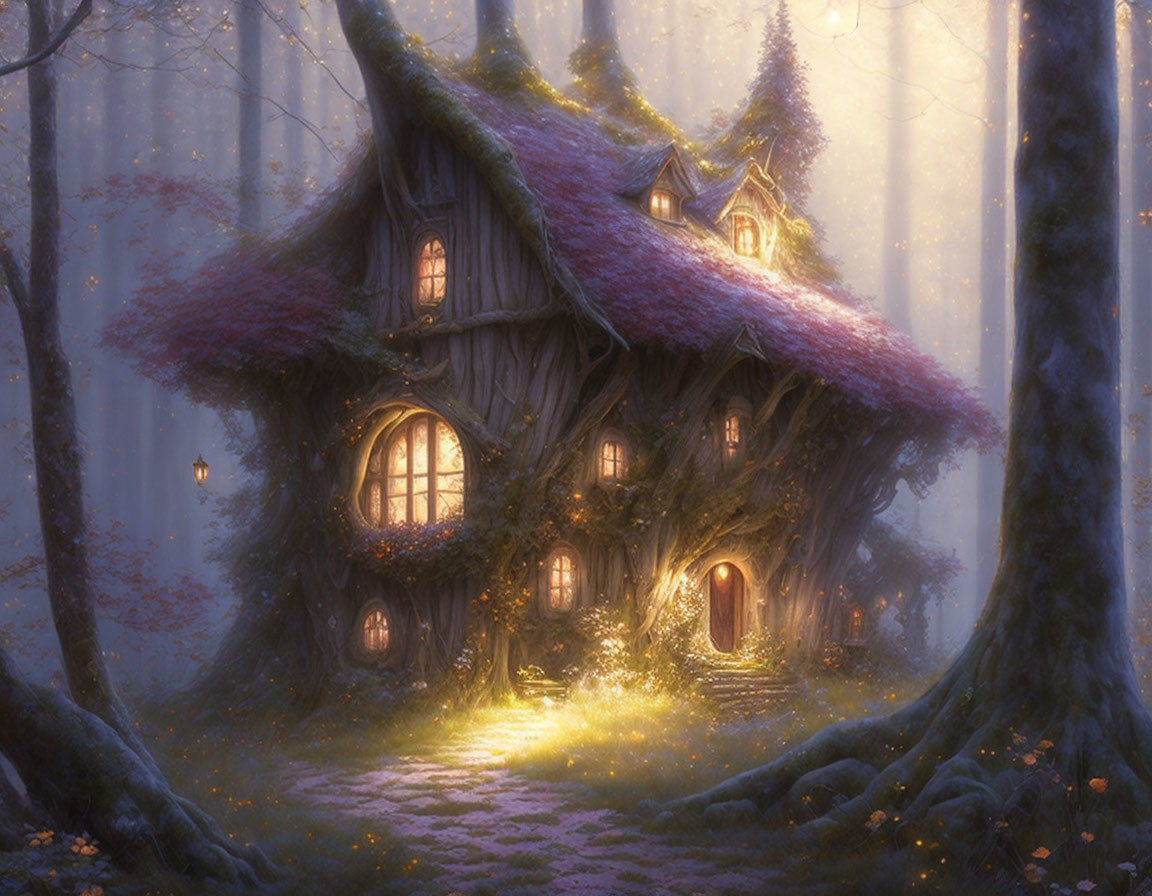 Mystical forest treehouse with glowing windows at twilight