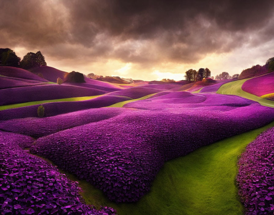 Vibrant purple flowers on rolling hills under dramatic cloudy sky