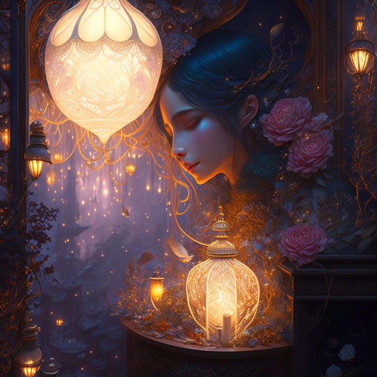 Mystical artwork featuring woman with blue hair and glowing lanterns in golden light