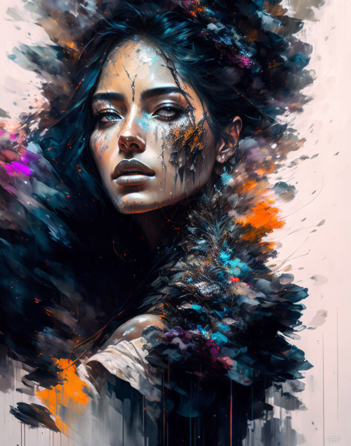 Colorful abstract digital artwork of a woman with expressive eyes and dynamic elements.