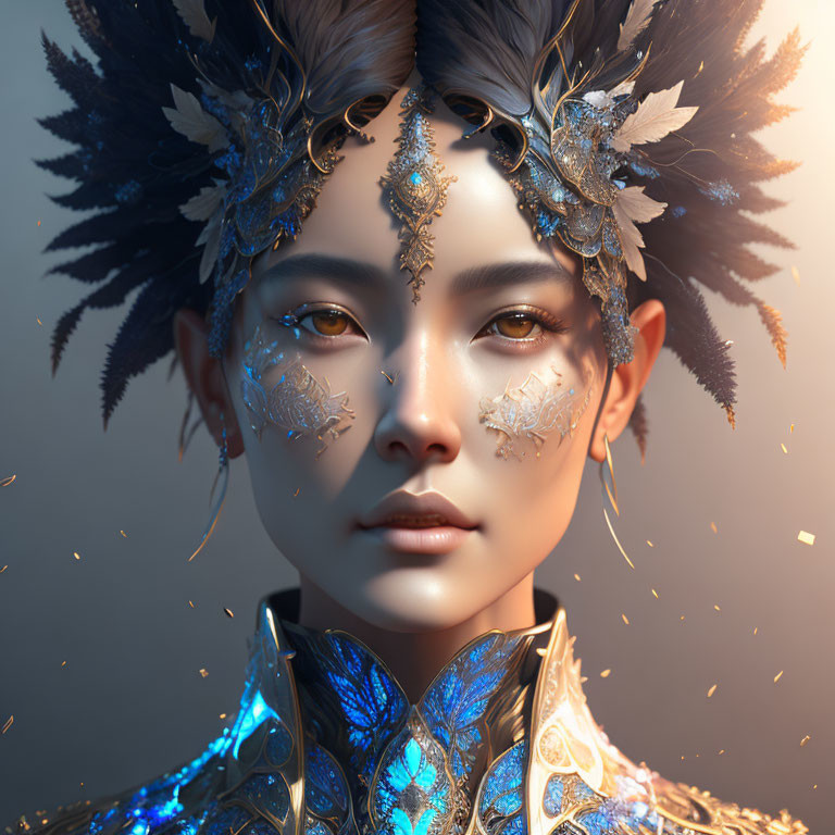 Detailed Woman Portrait with Gold and Blue Headgear on Gray Background