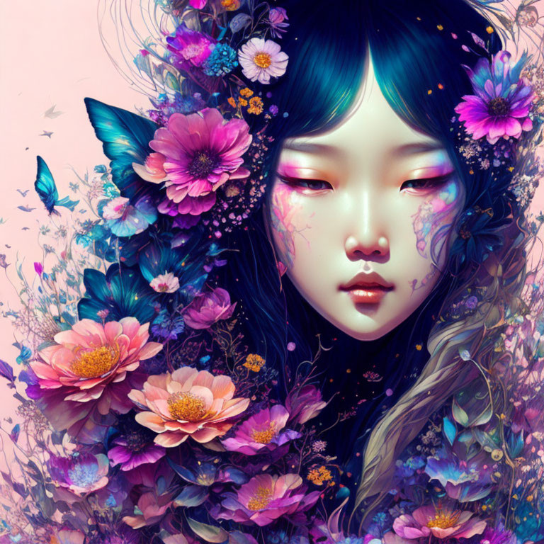 Woman with Blue Hair Surrounded by Pink and Purple Flowers and Butterflies