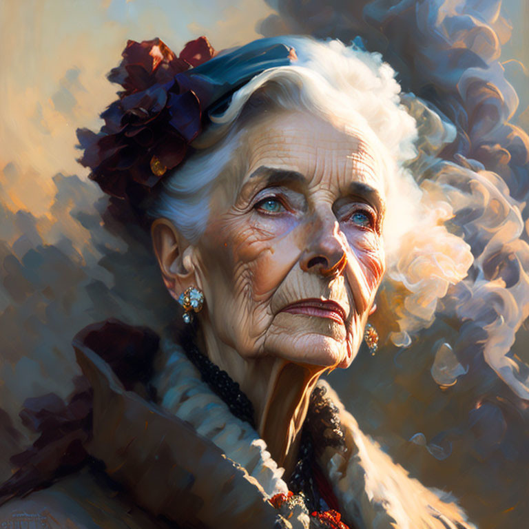 Elegant elderly woman with flower, earrings, and fur collar gazes away