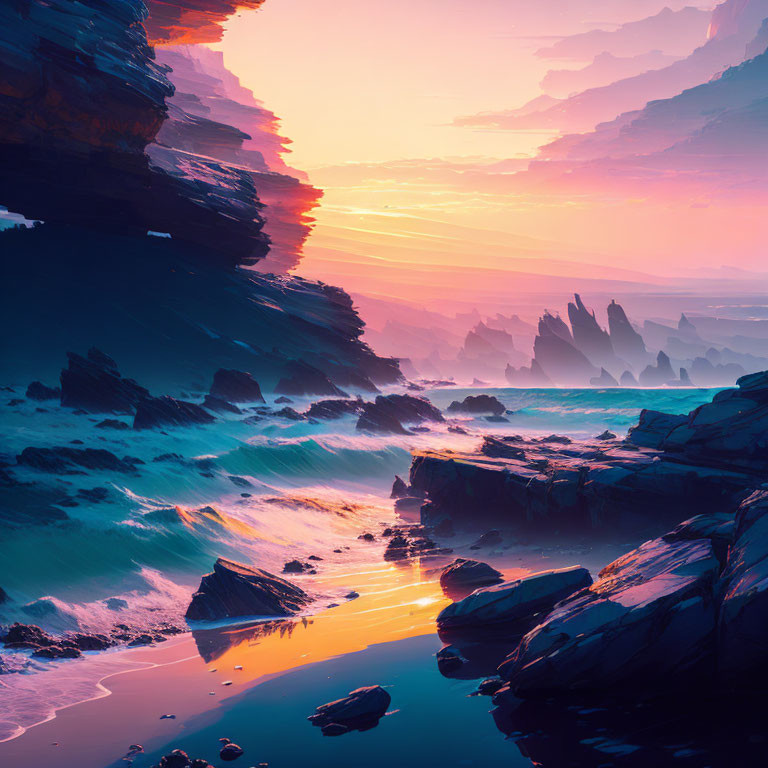 Scenic coastal sunset with layered cliffs and crashing waves