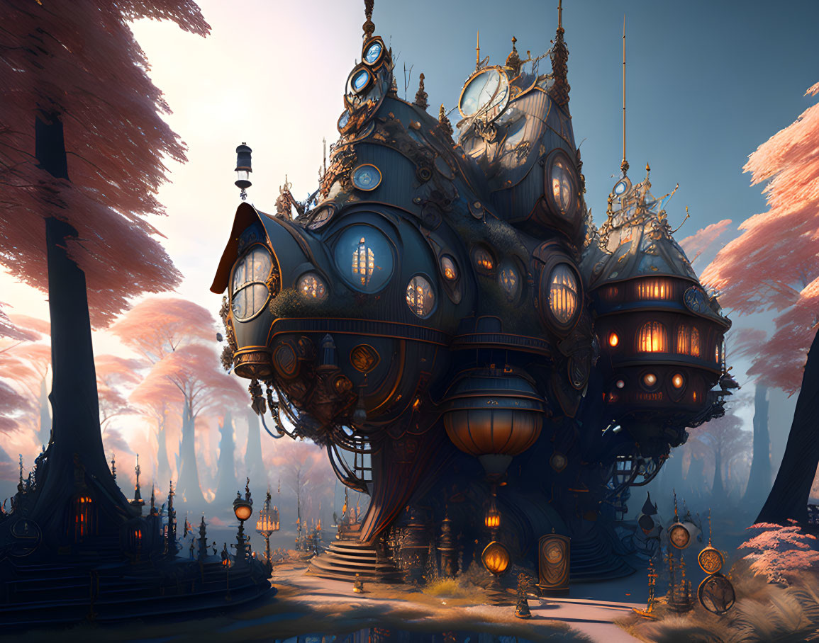 Steampunk-style building in autumn forest with ornate clocks and vintage lamps