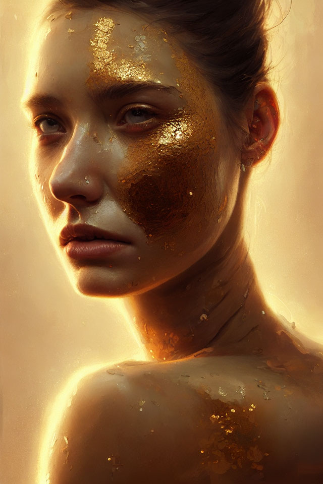 Close-Up Portrait of Woman with Golden Flecks in Warm Light