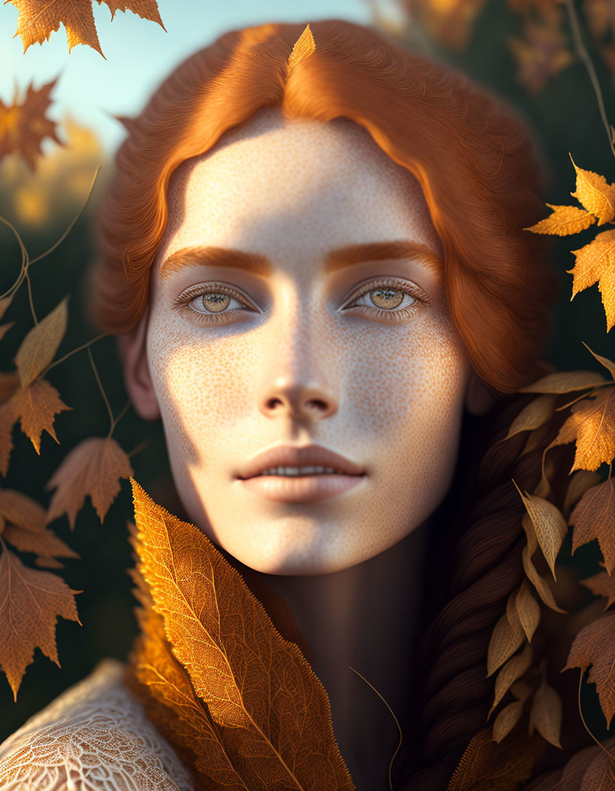 Portrait of Woman with Red Hair, Freckles, Blue Eyes, Surrounded by Autumn Leaves