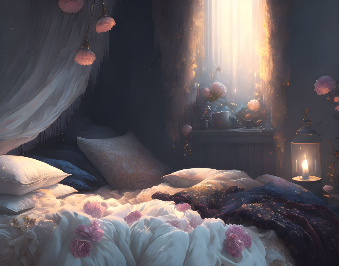 Sunlit Bedroom with Pillows, Flowers, and Lit Lantern