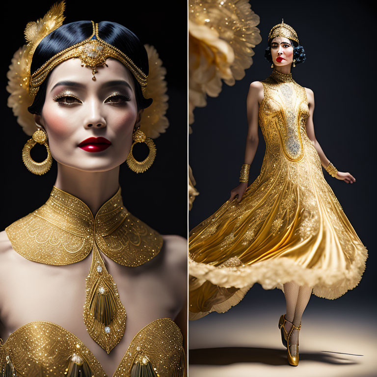 Luxurious Golden Flapper Dress with Matching Headpiece and Dramatic Makeup