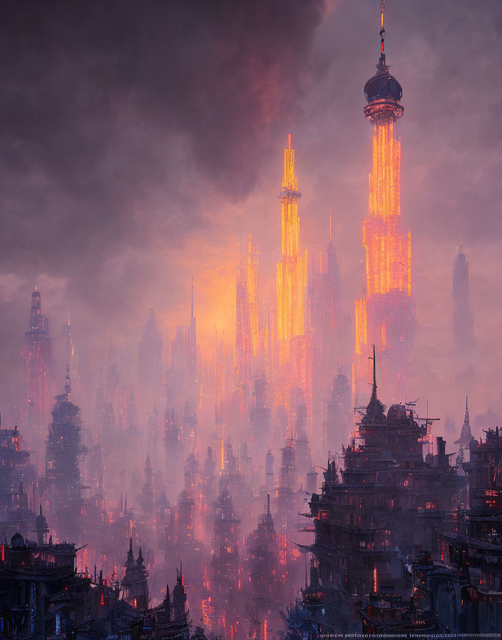 Dystopian cityscape at dusk with illuminated skyscrapers