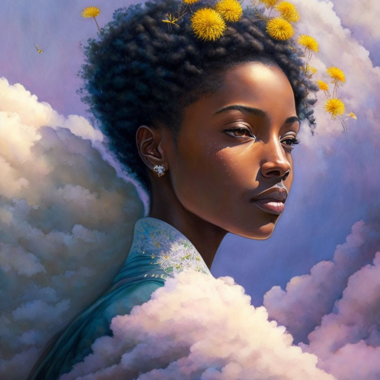 Woman with Yellow Flower-Adorned Afro in Clouds