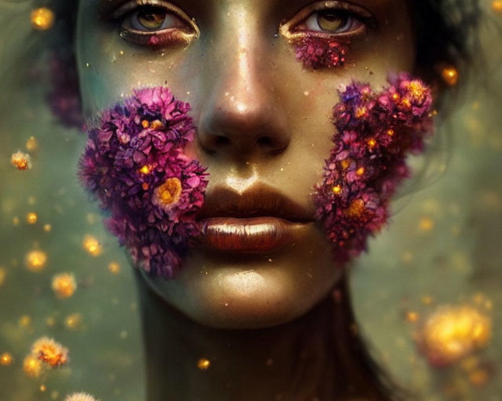 Portrait of a person with serene expression and vibrant purple flowers.