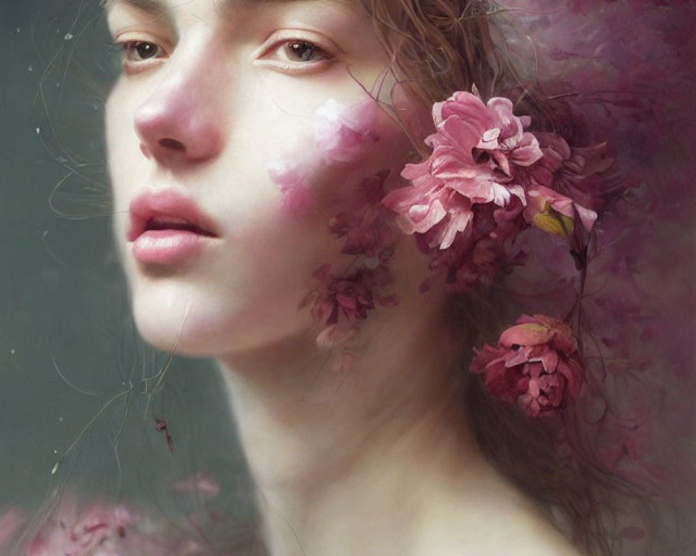 Woman with Pink Flowers in Hair and Floral Overlays Gazing Serenely