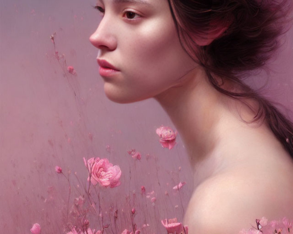 Woman portrait with flowing hair and pink flowers on dreamy background