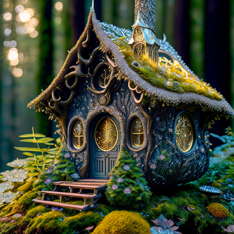 Detailed Miniature Fairy Tale House in Lush Green Forest