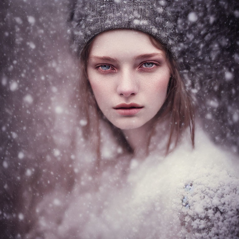 Woman in winter setting with snowflakes, beanie, and red eyes.