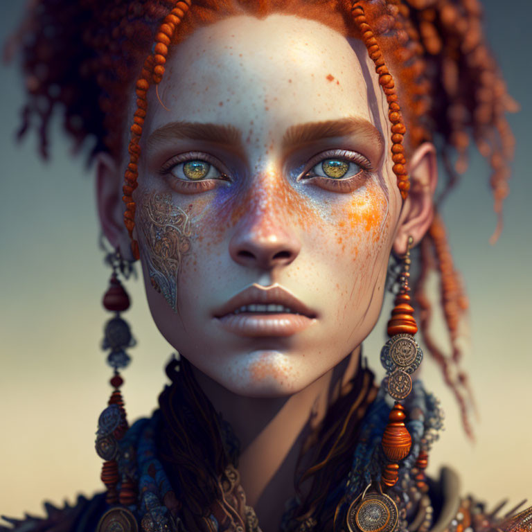 Digital artwork featuring woman with tattoos, braided hair, freckles, and jewelry