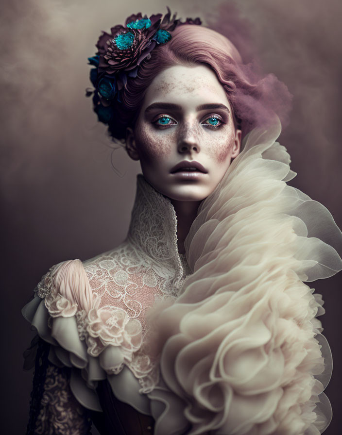 Portrait of woman with coral-pink hair and lace collar, teal floral accents