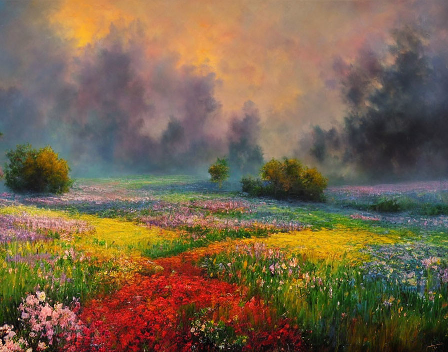 Colorful Flower Field Landscape Painting Under Dramatic Sunset Sky