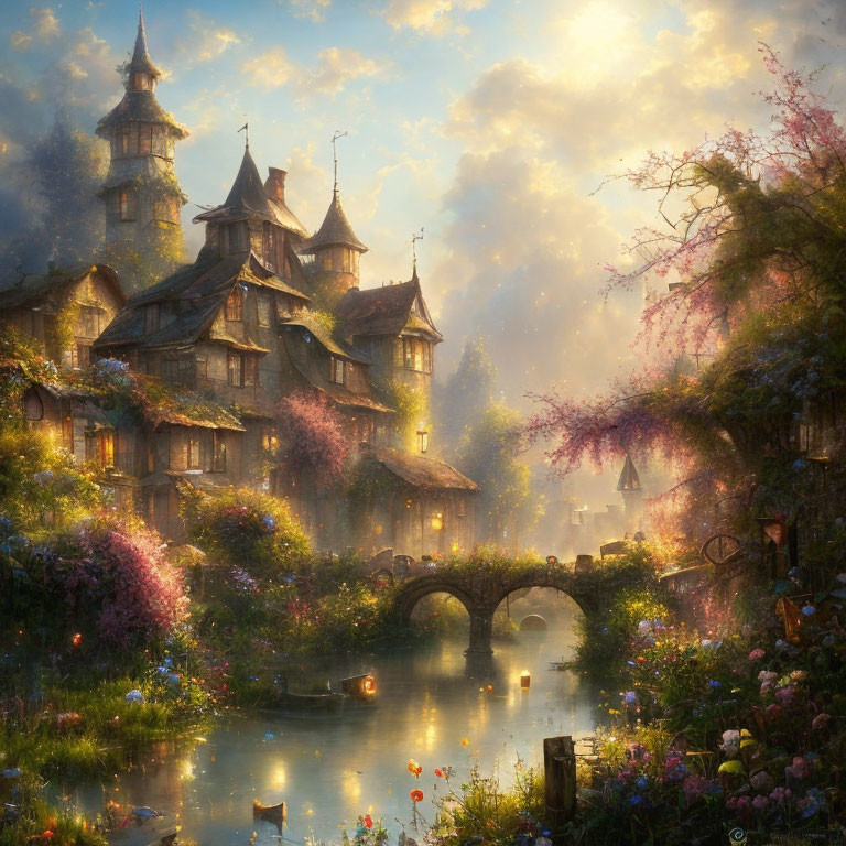 Old village with cottages, stone bridge, river, lush flora, golden sunrise fog
